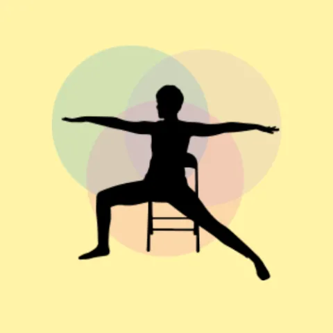 Silhouette of a person practicing chair yoga in a seated warrior pose, with colorful overlapping circles in the background on a pale yellow backdrop.