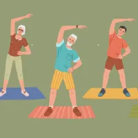 Illustration of three adults doing side stretches on mats, participating in a light exercise or fitness class.