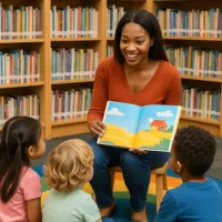  A smiling woman reads a brightly illustrated picture book to a group of young children seated on a colorful rug in a library children’s section, with bookshelves full of picture books in the background.