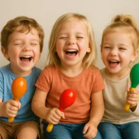 young children smiling and playing with maracas