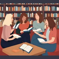 A graphic/cartoon of four women gathered around a table with books on shelves behind them suggesting a library-like setting.