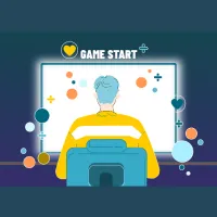 A graphic image of the back of a person sitting at a computer screen.