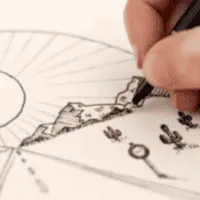 An ink drawing of a mountain.