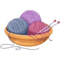 A basket with three balls of yarn and a set of knitting needles.