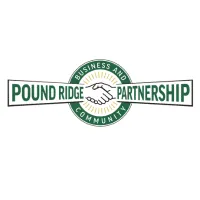 Logo for the Pound Ridge Partnership (two hands shaking between the organization name to form the seal which reads "Business and Community").