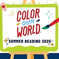 an easel, with painting brush, painting the words "Color Our World"