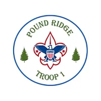 Pound Ridge Boy Scouts logo eagle inside fleur-de-lis with evergreen trees on either side