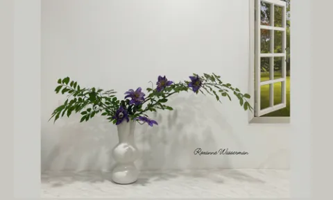 Ikebana flower arrangement - purple flowers in white vase on a table with window in background