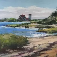 painting of a beach with house and lighthouse in distance