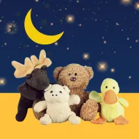stuffed animals on a night sky background