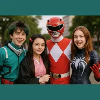 Four teens in costume for cosplay event, two boys, two girls 