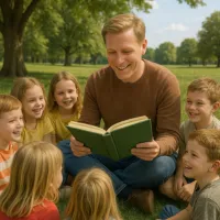 man reading book at park to kids