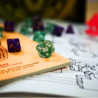 a 10-sided die with D&D paraphernalia