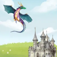 a watercolor painting of a dragon in a blue sky with a castle 