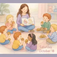 six children sitting on a round rug listening to a woman with long brown hair read a story, all are eating cookies