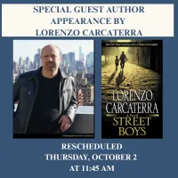 A photo of author Lorenzo Carcaterra and the book cover of Street Boys, his novel