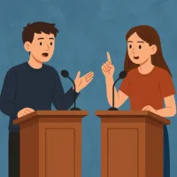 graphic image of two teems at podiums engaged in debate on blue background