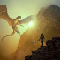an image of a dragon flying over a woman warrior holding a sword with hazy sun peeking through clouds