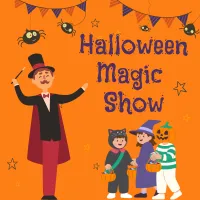 A graphic of a magician on an orange background with purple banner with spiders and kids in costumes.