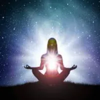 a spiritual scene of a woman's glowing white silhouette on a dark star-filled sky background  