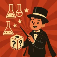 a graphic of a young boy dressed as magician holding a cube wit hquestion marks on it with beakers and test tubes on a red background 