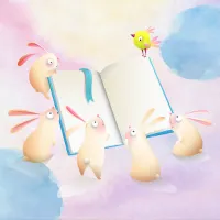 a graphic of white bunnies and a yellow chick surrounding a blue book on a pink and blue cloud background