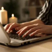 Hands writing on computer by candlelight.