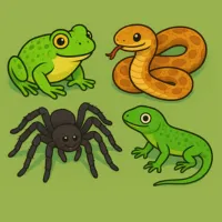 cartoon images of a frog, snake, tarantula, and slamander on a green background