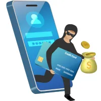 a graphic of a person in a roober's mask stepping out of a cell phone holding an oversized credit card and a bag with a dollar sign on it.