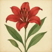 vintage-style botanical illustration of a red lily with detailed petals and long green leaves on an aged, cream background