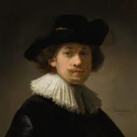 selfportrait of Rembrandt oil painting, artist looks at viewer wearing back hat and white collar