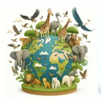 A bright, playful illustration shows animals from around the world gathered around a blue-and-green globe, with some standing on it and others flying above.