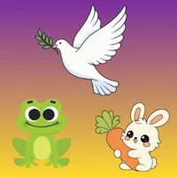 picture of a dove, frog, and rabbit holding a carrot