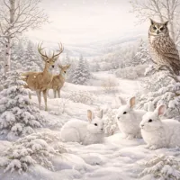 Winter landscape showing a peaceful New England scene with snow-covered pine trees, a pair of deer in a meadow, white snowshoe hares resting in the foreground, and a great horned owl perched on a snowy branch under a soft, falling snowfall.