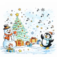 winter illustration showing a decorated evergreen tree surrounded by wrapped presents, with a smiling snowman on one side and a cheerful penguin on the other, set in a snowy scene with scattered stars, snowflakes, and musical notes.