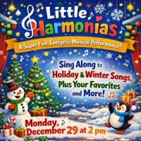 Festive winter-themed promotional graphic for Little Harmonias, a fun children’s music program, with holiday imagery, musical notes, and event details