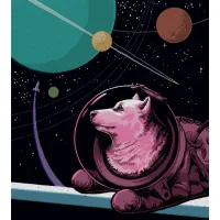 Illustration of a pink dog wearing a round space helmet and astronaut suit, resting its front paws on a ledge while gazing upward into a star-filled outer space scene with colorful planets and a small rocket in the distance.