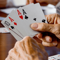 A person holding a hand of playing cards.