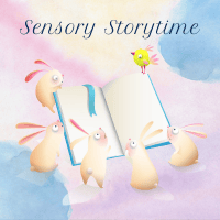 A group of 5 rabbits and one bird around a book with text above reading 'sensory storytime'.