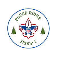 Pound Ridge Boy Scouts logo eagle inside fleur-de-lis with evergreen trees on either side