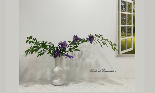 Ikebana flower arrangement - purple flowers in white vase on a table with window in background