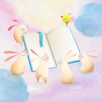 graphic image of baby chicks and bunnies reading a book on a pink and blue cloud background