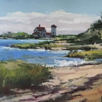 painting of a beach with house and lighthouse in distance