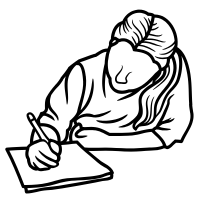 a line drawing in black and white of a woman writing in a notebook