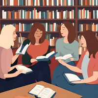 a graphic of women gathered at a table holding books with bookshelves in the background