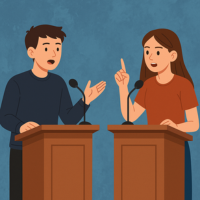 graphic image of two teems at podiums engaged in debate on blue background