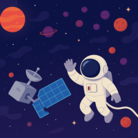 an image of an astromaut floating in outer space with colorful planets in background and satellite